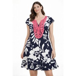 Lilly Pulitzer Navy White Floral Cap Sleeve Crochet Neckline Dress Size L‎